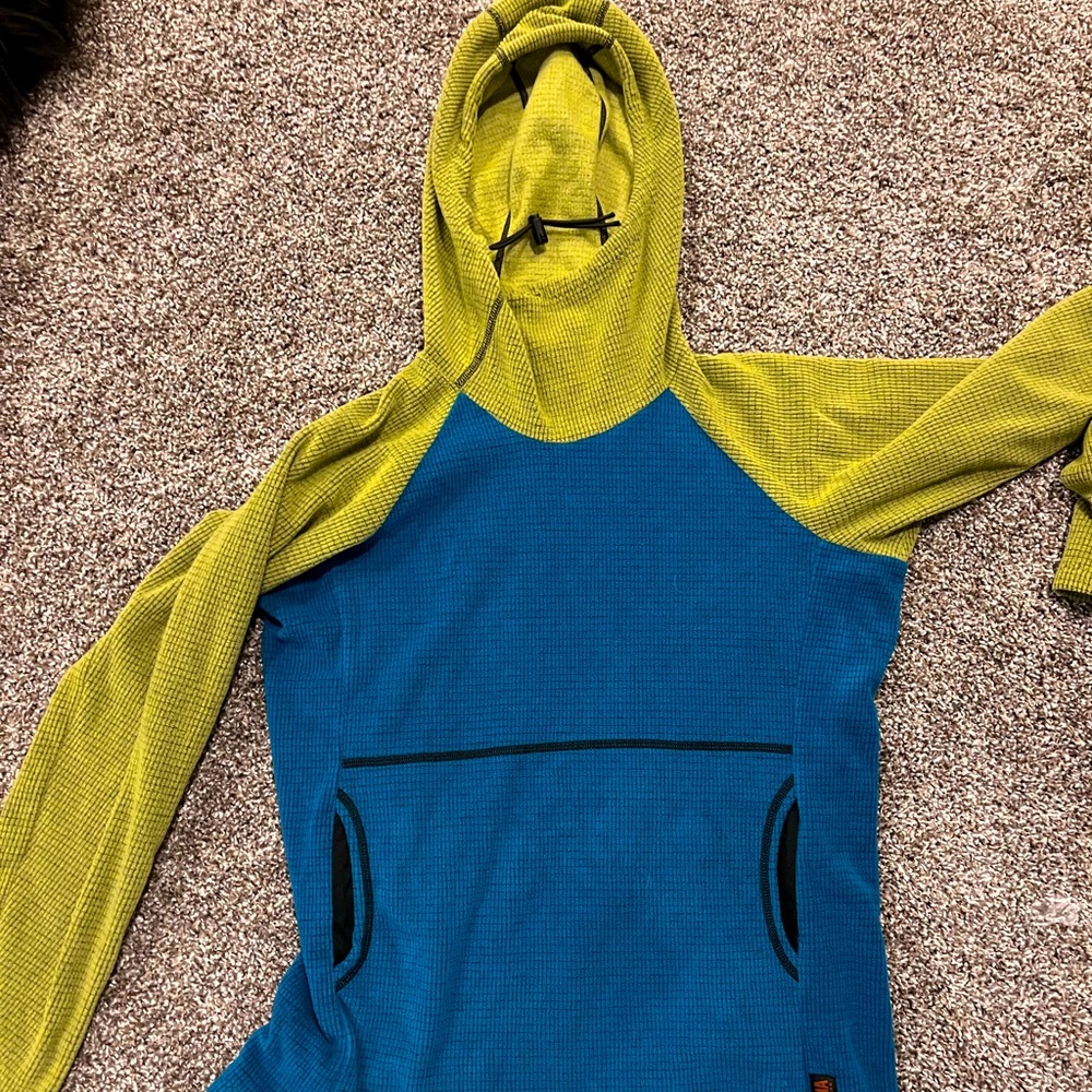 Melanzana Micro Grid Hoodie Womens size M. Green/blue